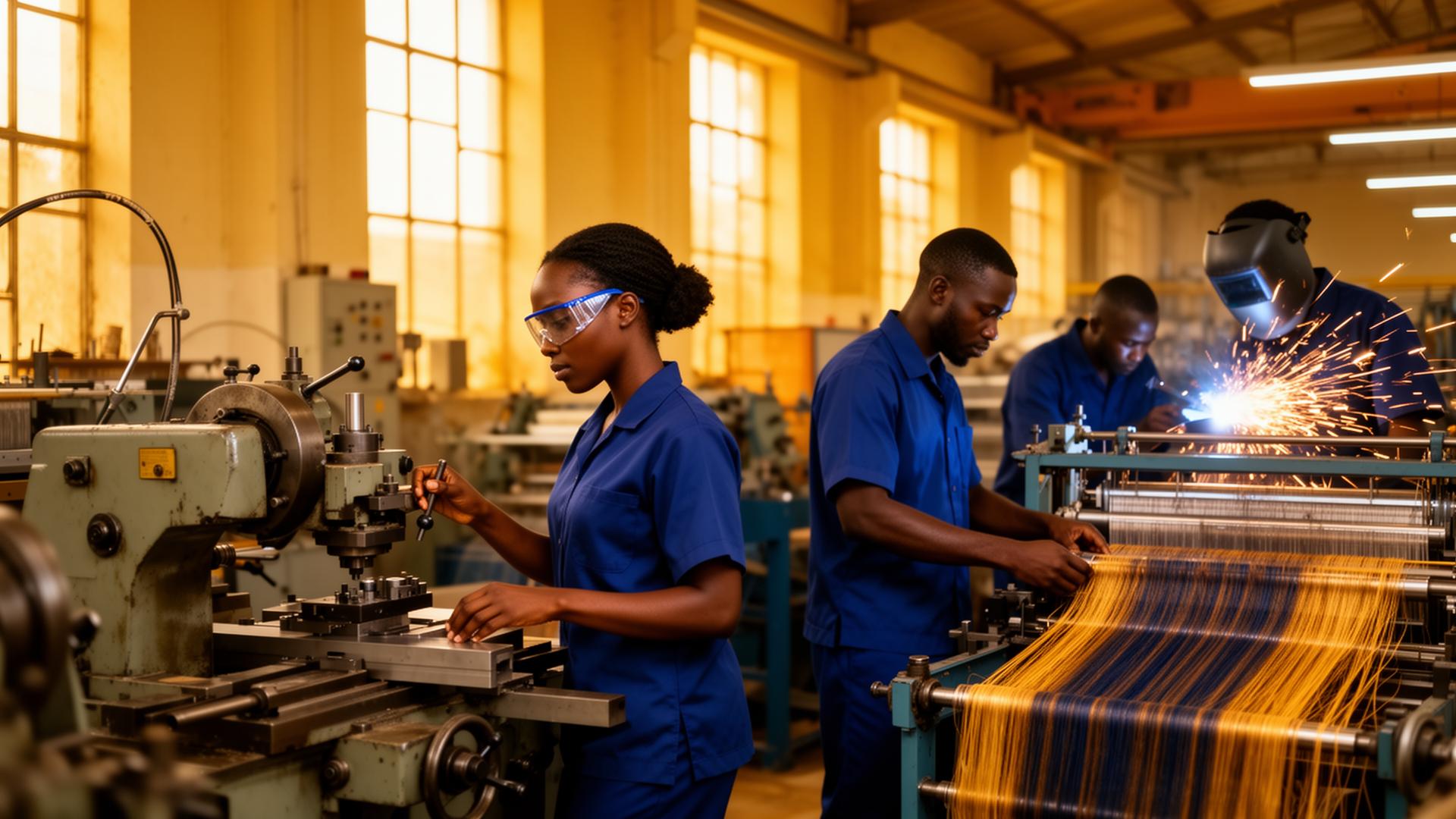 Black artisans and engineers at work in a modern manufacturing facility
